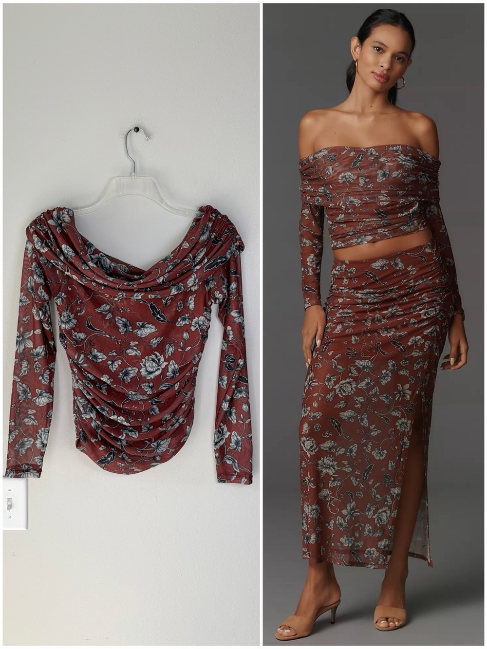 Maeve Anthropologie Brown Floral Aleda Mesh Off-Shoulder Ruched Long Sleeve Top